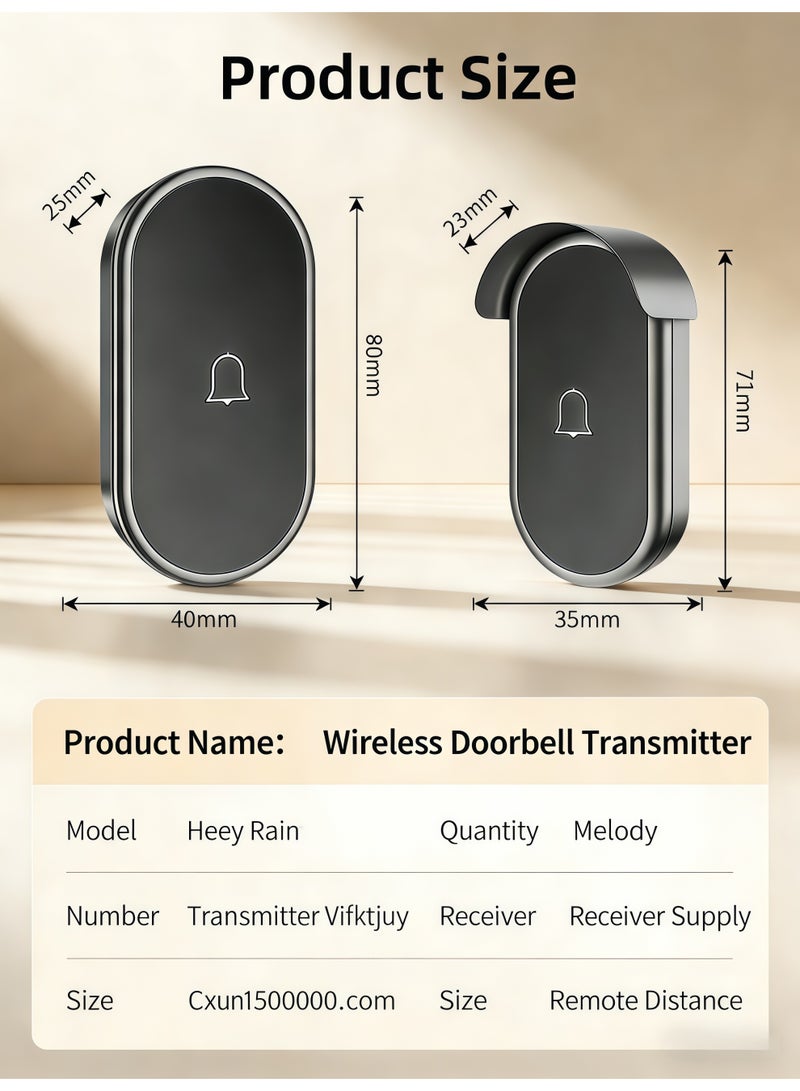 Wireless Doorbell,IP44 Waterproof Wireless Doorbell,Adjustable Volume Wireless Chime,Wireless Doorbell with Light Indicator, 60 Chimes & 5 Volume Levels,Long Range Strong Wall Penetration, Easy Pairing Wireless Door Chime Kit,for Home, Apartment, Office, Warehouse,Hotel,Dormitory,Elderly, Hearing Impaired - Image 2